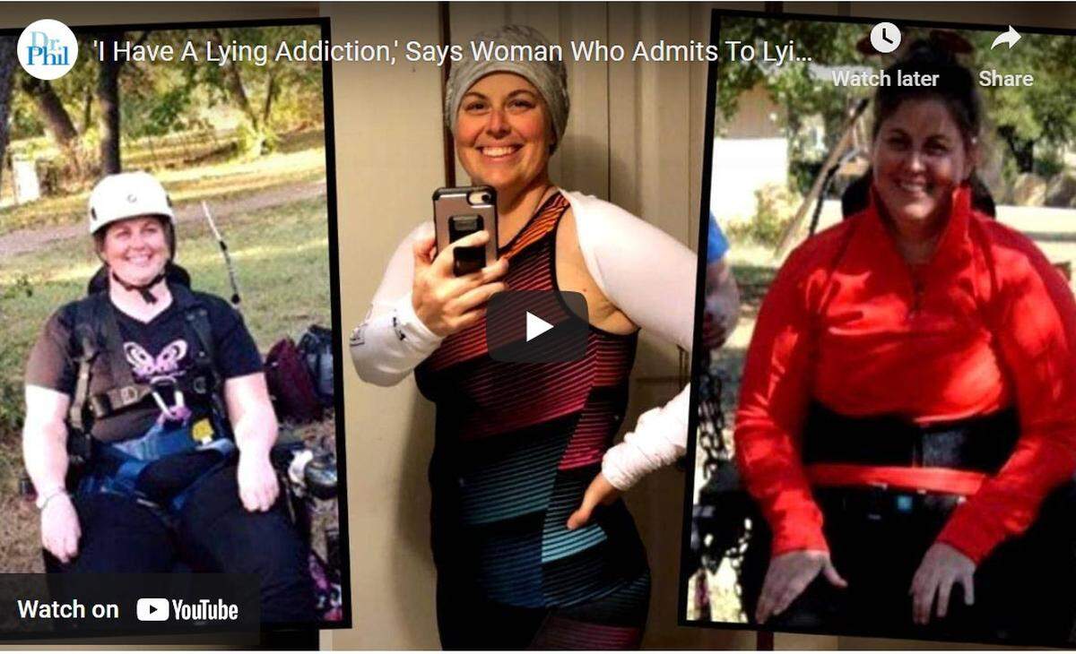 Photos of Sarah Delashmit pretending to have breast cancer, muscular dystrophy and other illnesses were displayed during a 2019 taping of the “Dr. Phil” show. She apologized to scam victims.