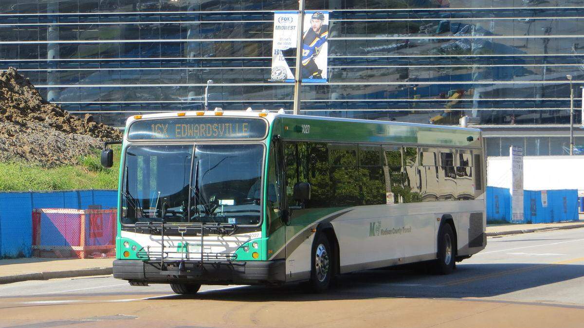 A Madison County Transit bus drives past Scottrade Center in downtown St. Louis on Sept. 12, 2016.