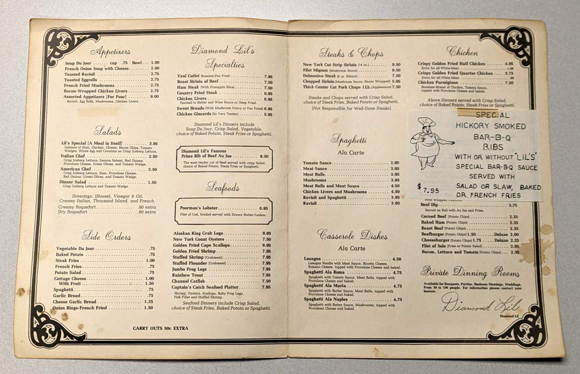 Contents of a menu from Diamond Lil’s, including her signature. Courtesy of Tom Green