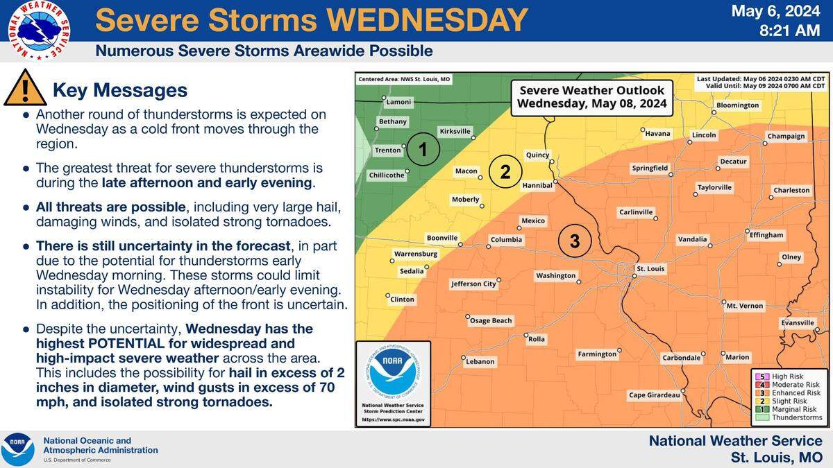 Isolated, strong tornadoes are possible on Wednesday, according to the National Weather Service.