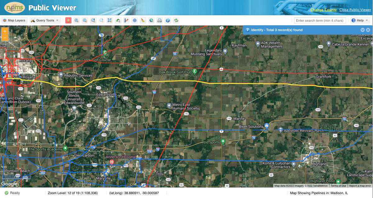 This screengrab from the National Pipeline Mapping System shows the following in Madison County: the yellow line is the pipeline that leaked oil Friday, March 11, 2022, in Edwardsville; the red lines are other pipelines that transport hazardous liquid; and the blue lines are other pipelines that transport gas.