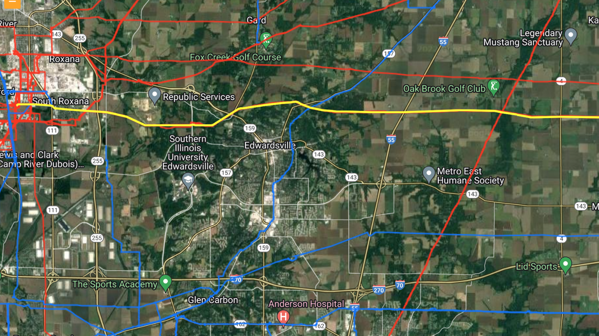 This screengrab from the National Pipeline Mapping System shows the following in Madison County: the yellow line is the pipeline that leaked oil Friday, March 11, 2022, in Edwardsville; the red lines are other pipelines that transport hazardous liquid; and the blue lines are other pipelines that transport gas.