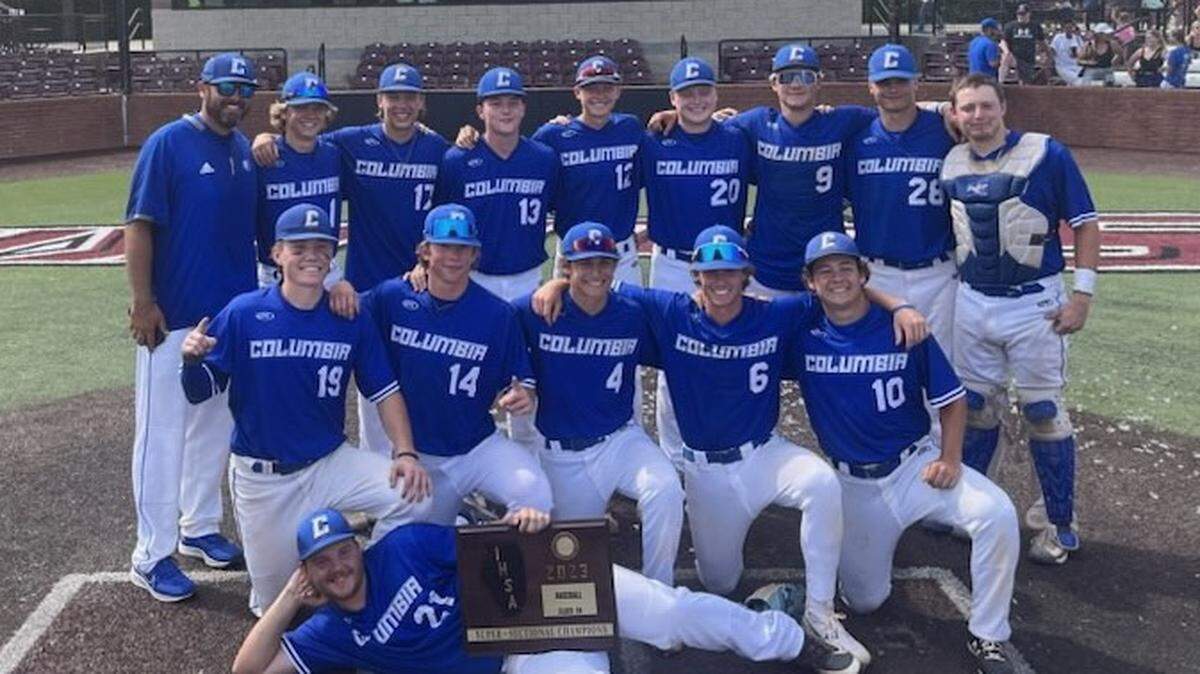 The Columbia baseball team poses after capturing the IHSA Class 2A Carbondale (SIU) Super-Sectional on Monday, May 29. The Eagles now open state competition at 3 p.m. Friday, June 2.
