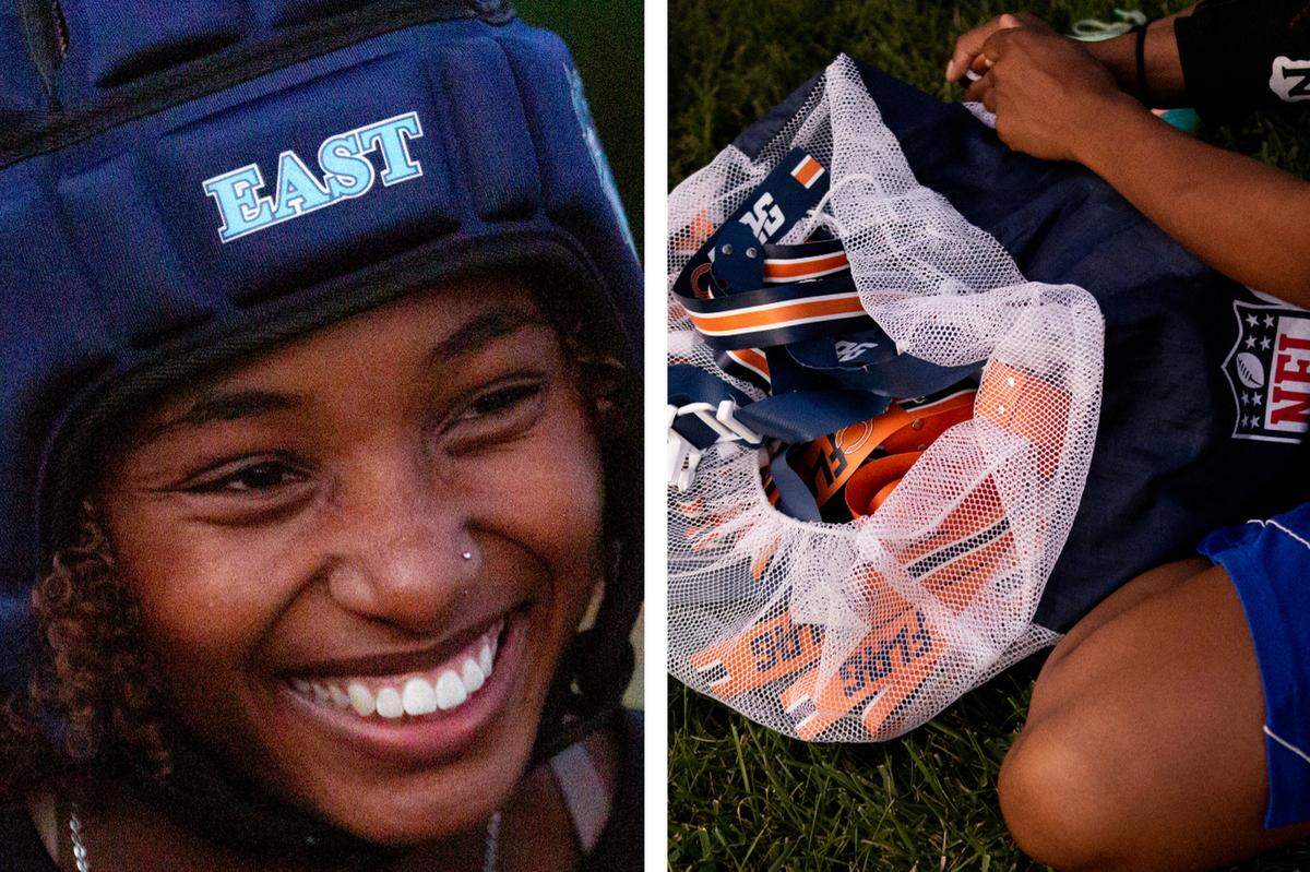 Left: Zariah Armour smiles at her teammates during an exit meeting at flag football practice on Tuesday at Belleville East High School in Belleville. Right: A bag of the flags lay in the grass at the end of practice. The flags were gifted to East by the Chicago Bears.