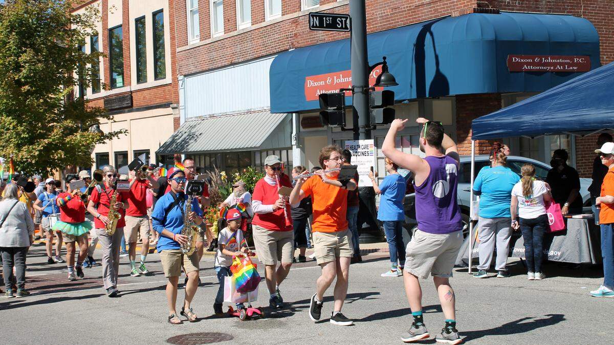 Musicians from the St. Louis-based BandTogether march down West Main Street in Belleville performing “Born This Way” by Lady Gaga during last year’s Metro East Pride Fest. This year is the 15th annual event and takes place Saturday on East Main Street in Downtown Belleville.