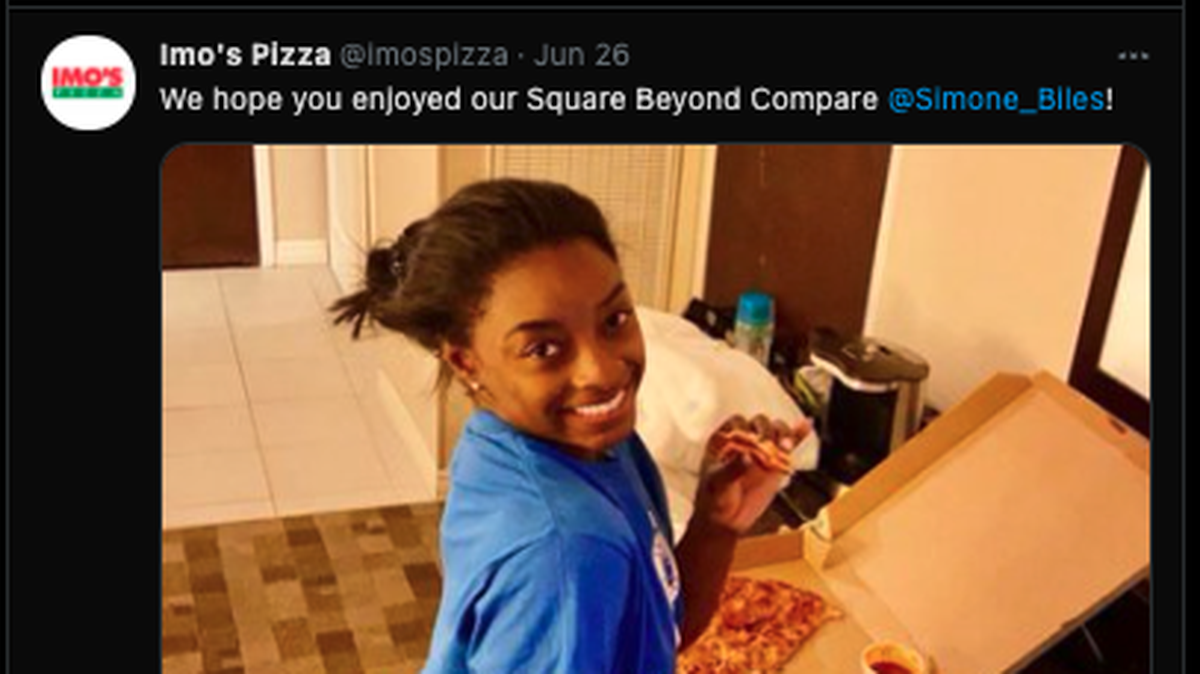 Simone Biles tweeted Tuesday she already misses Imo’s Pizza.