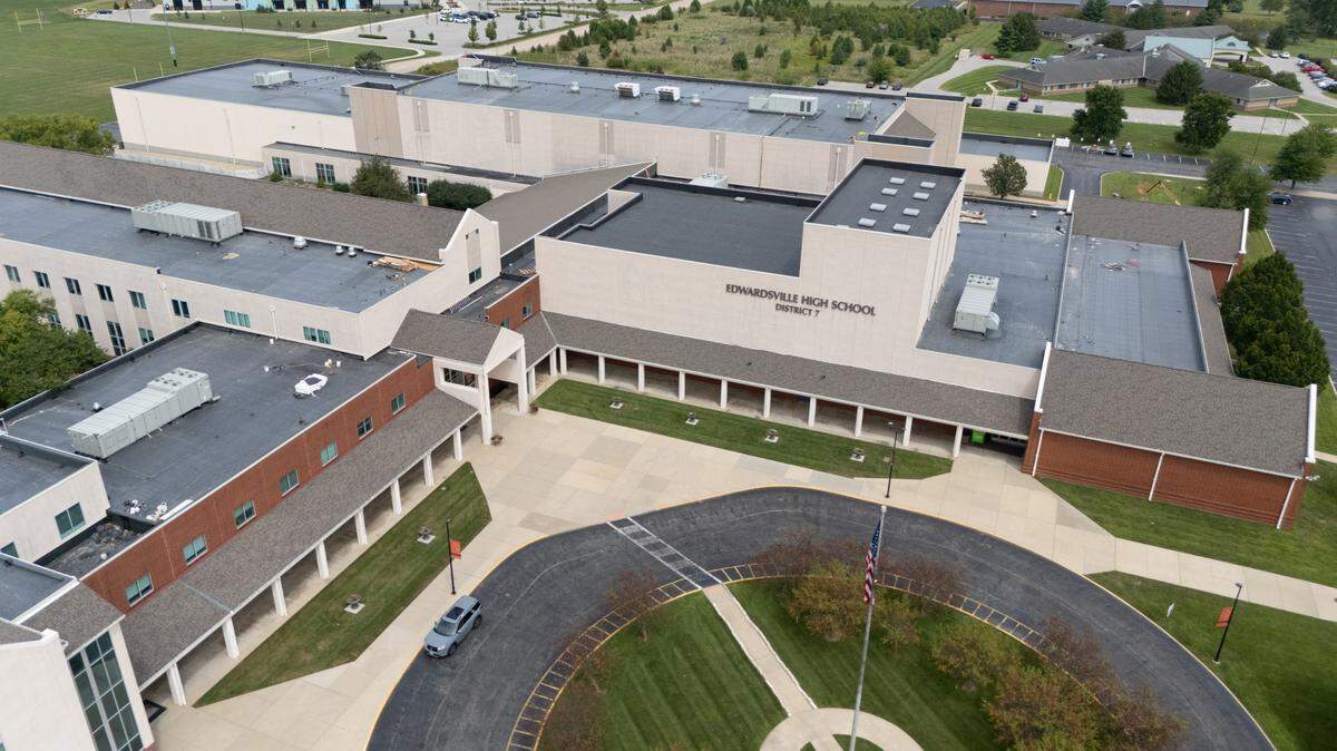 A drone photo showing Edwardsville High School in Edwardsville, Ill., on Aug. 11, 2024.