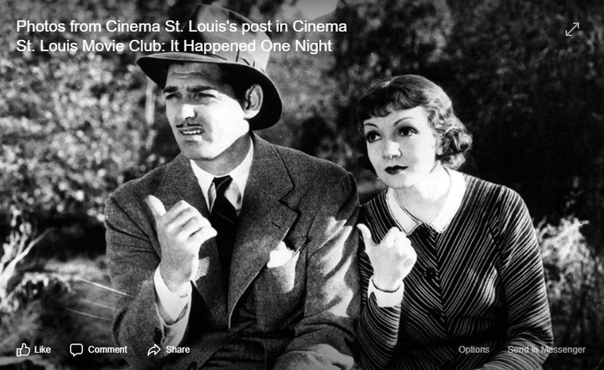 The Cinema St. Louis Online Movie Club will discuss the classic film “It Happened One Night.” The discussion will take place May 19 online at facebook.com/events/242170893671234. Visit the Facebook page for details.