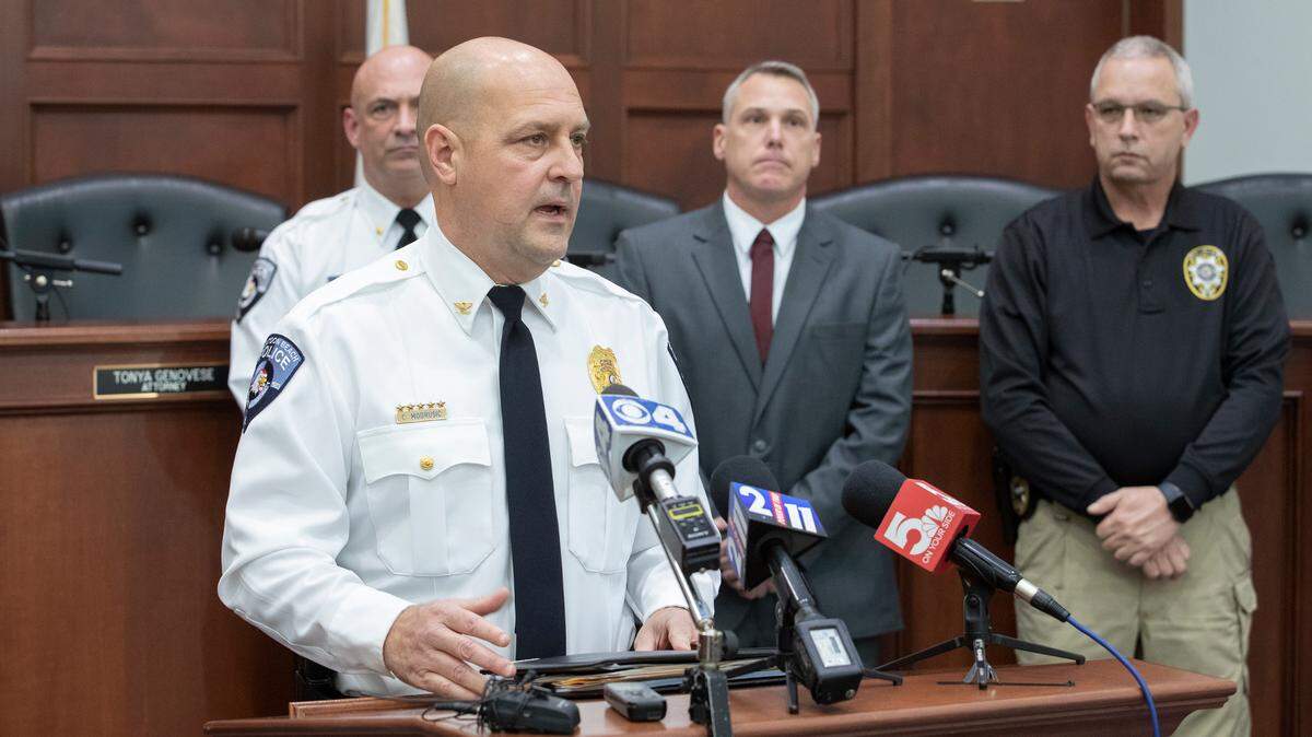 Police Chief Chris Modrusic speaks at a news conference on Feb. 2, 2023, in Pontoon Beach, where authorities found and identified the skeletal remains of a former East St. Louis woman who had been missing since 2013.