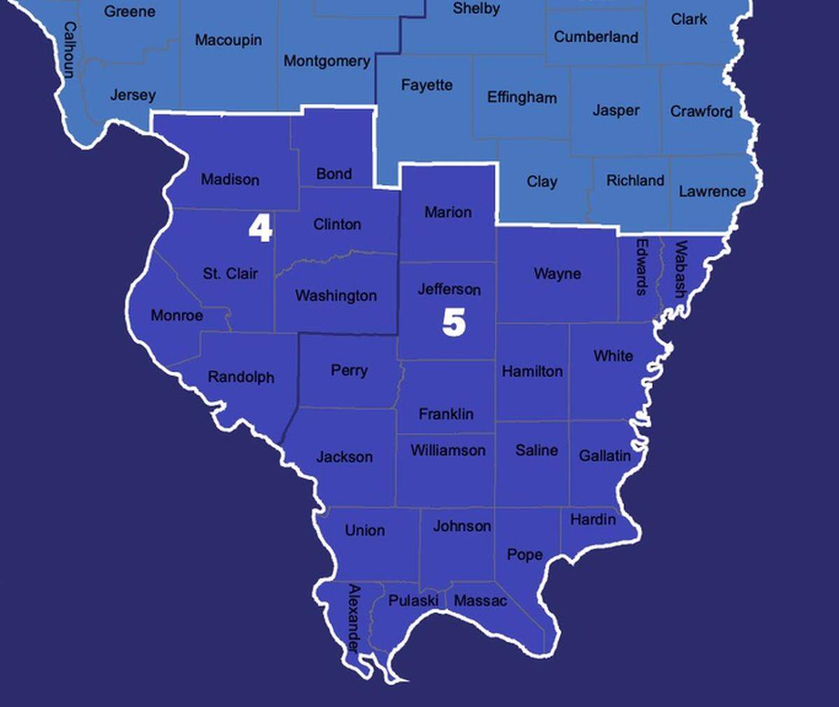 The counties highlighted in darker blue comprise the state-designated Southern Illinois region, grouped together for the statewide reopening plan.