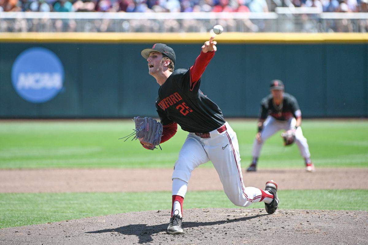 Jun 19, 2023; Omaha, NE, USA;  Stanford Cardinal starting pitcher Quinn Mathews (26) throws against the Tennessee Volunteers in the second inning at Charles Schwab Field Omaha. Mandatory Credit: Steven Branscombe-USA TODAY Sports