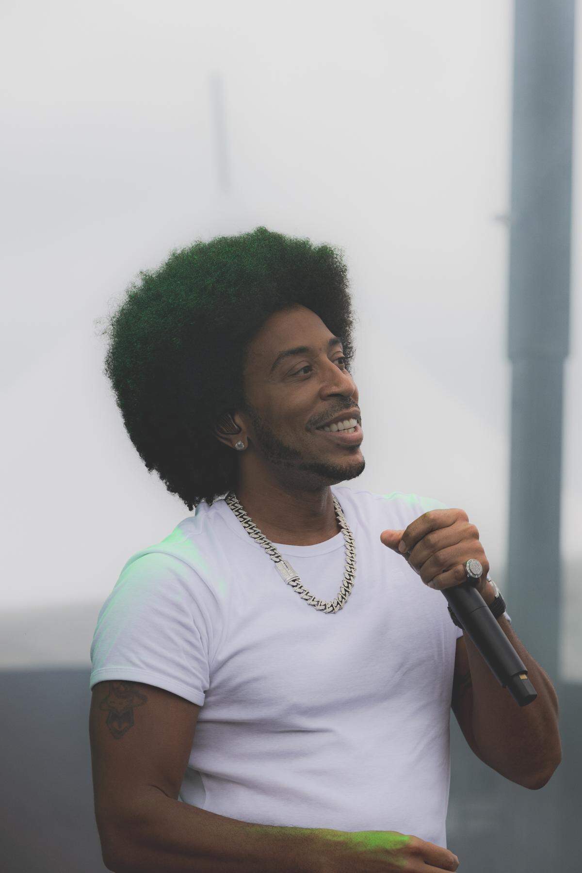 Rap artist, actor and Champaign, Ill. native Ludacris address the crowd after the Enjoy Illinois 300 Cup Race at WorldWide Technology Raceway in Madison, Ill. on June 1, 2024.