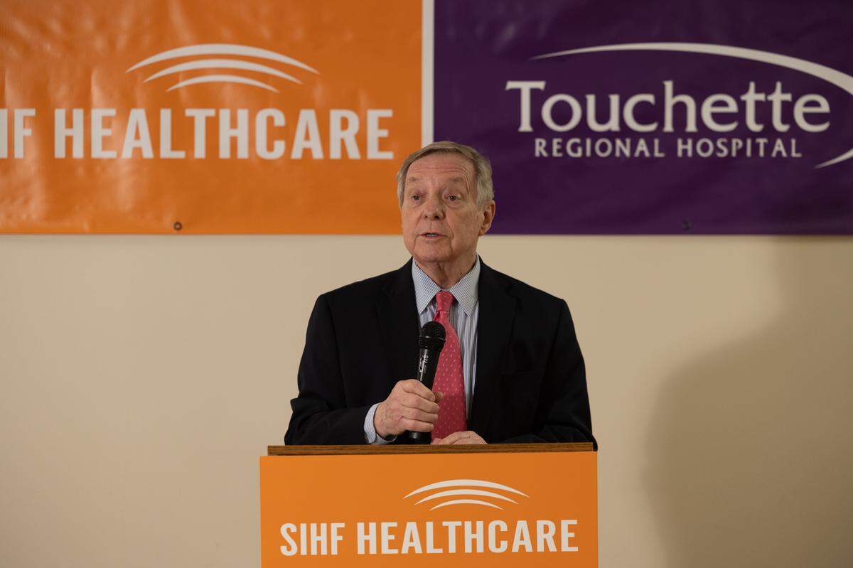U.S. Sen. Dick Durbin speaks to a crowd in Cahokia Heights about the impact of possible cuts to Medicaid on Thursday.