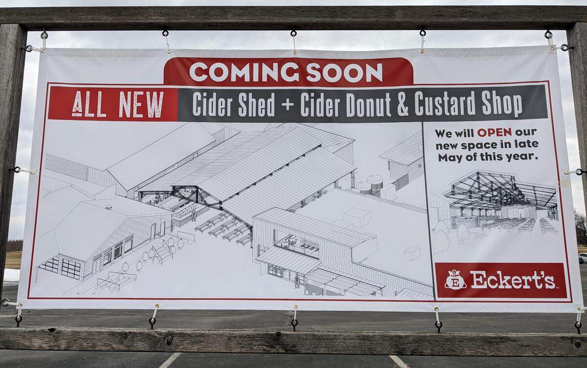 A banner at the Eckert’s Belleville Farm parking lot entrance announces the new expansion.