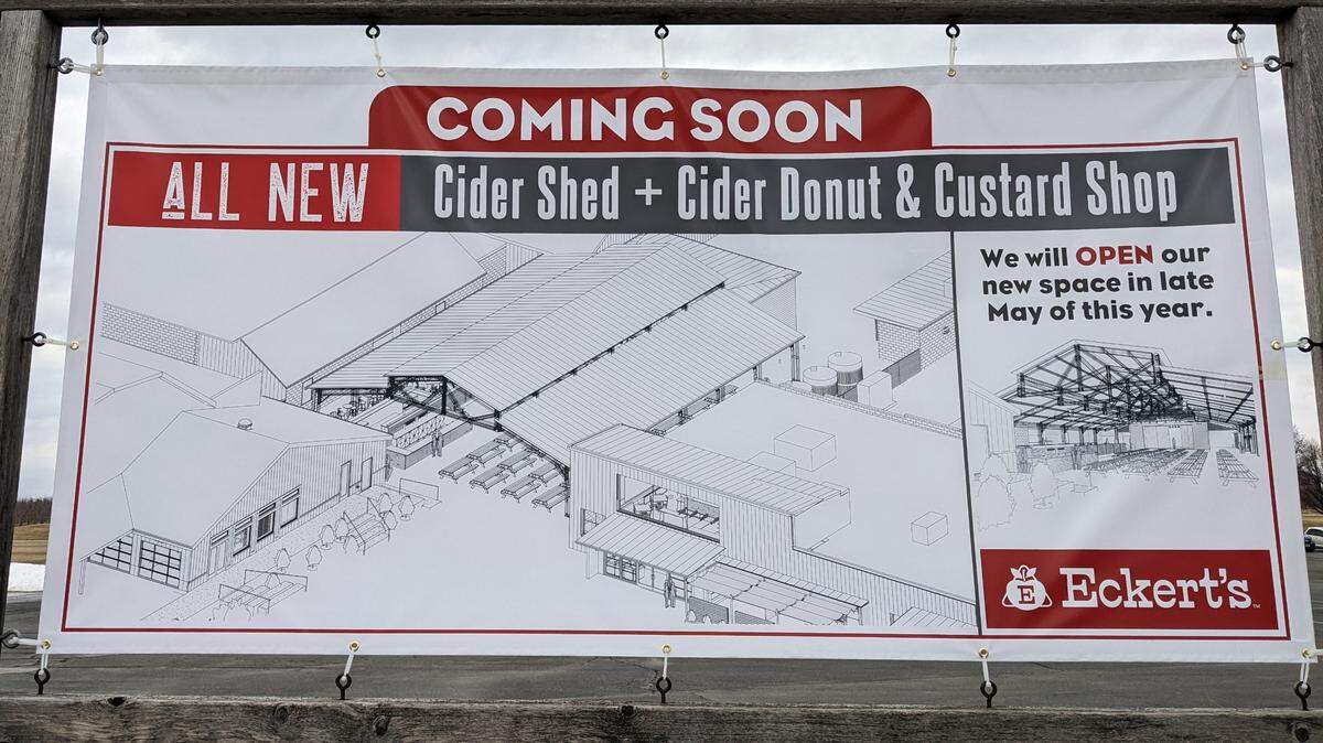 A banner at the Eckert’s Belleville Farm parking lot entrance announces the new expansion.