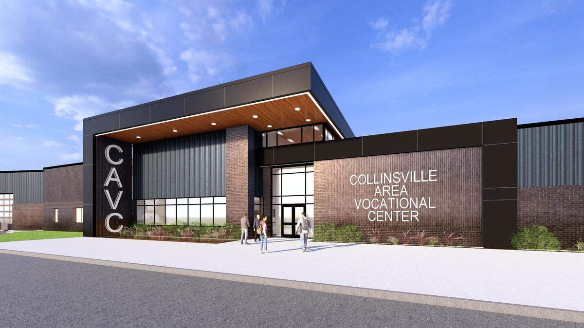 This rendering shows what the front of the future Collinsville Area Vocational Center will look like. Construction will begin in early 2025, and administrators hope to have the new building ready for the fall 2026 semester.