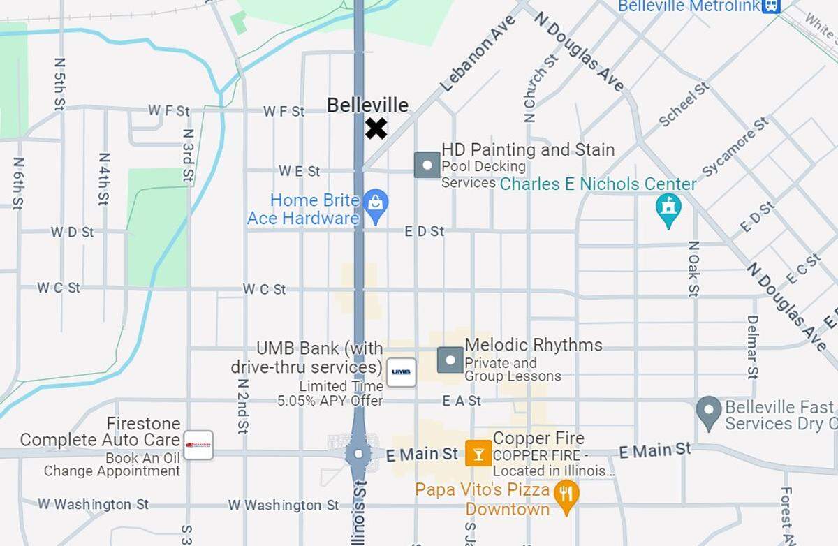 An X marks the location of a condemned two-story building at 520 N. Illinois St., near Belleville Farmer’s Market. A homeless man was found dead in a garage shed behind the building on Jan. 19.