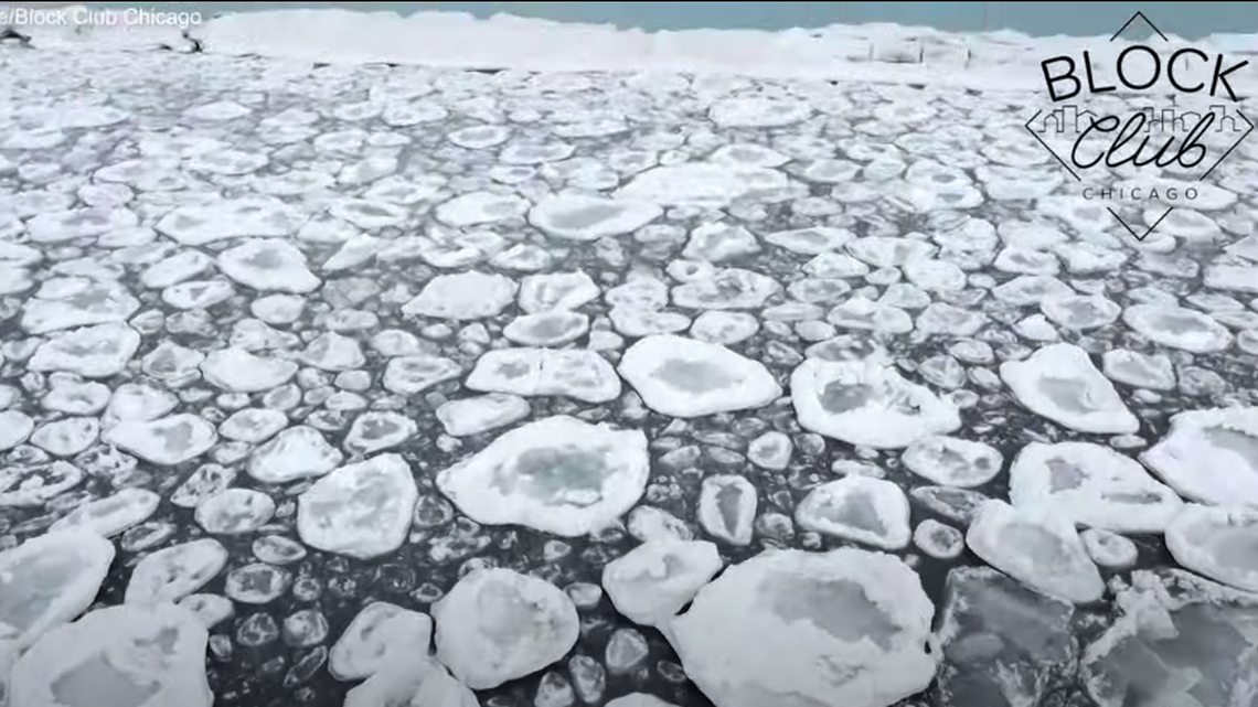 Ice pancakes have formed on Lake Michigan on the shoreline of Chicago.