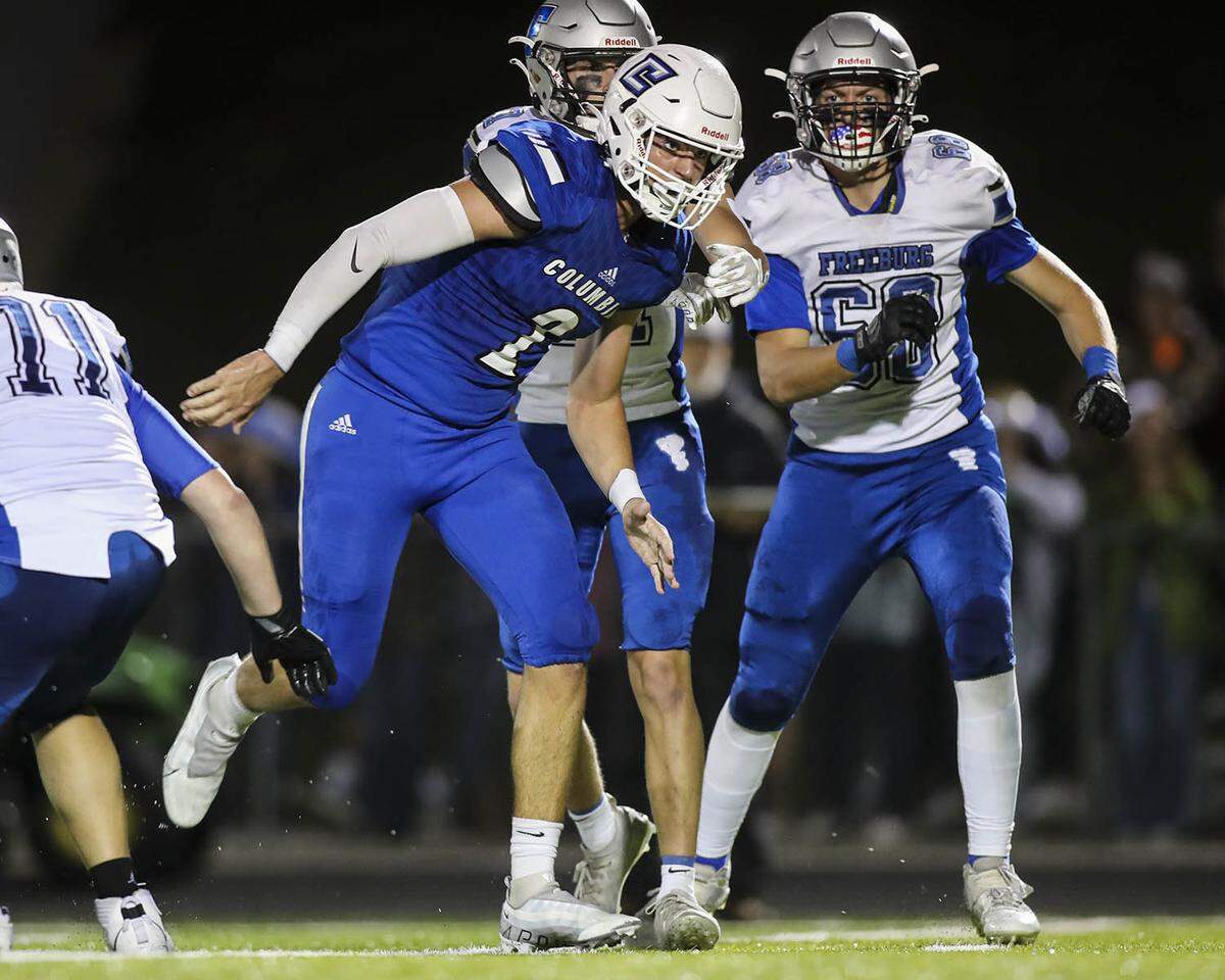 Columbia’s Carter Hicks (2) helped lead the Eagles defense to a 24-0 home shutout of Freeburg on Friday night. The Eagles improved to 4-1 with the win.
