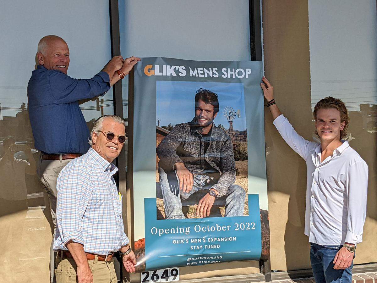 At the announcement of the Highland store’s Men’s Shop expansion with (left to right) Glik’s President/CEO Jeff Glik, Vice President Jim Glik and his son Elliot Glik