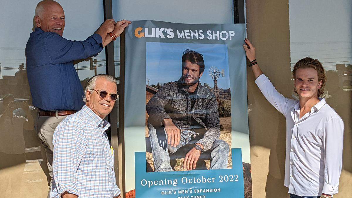 At the June announcement of the Highland store’s Men’s Shop expansion with (left to right) Glik’s President/CEO Jeff Glik, Vice President Jim Glik and his son Elliot Glik