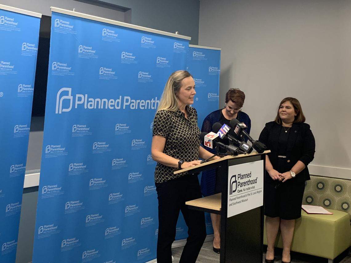 Dr. Erin King from Hope Clinic in Granite City speaks at a news conference Oct. 2, 2019, about the new, larger Planned Parenthood facility opening in Fairview Heights. Flanked by Planned Parenthood’s CEO Yamelsie Rodriguez and Dr. Colleen McNicholas, King called the organization a “strong partner.”