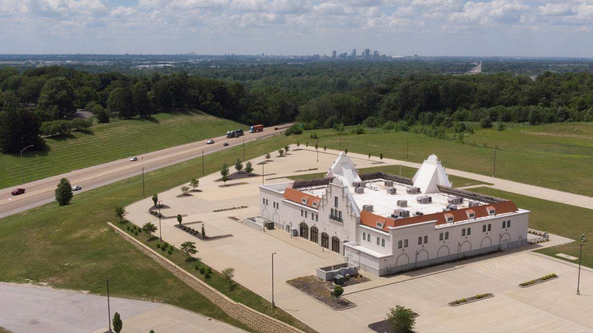 This drone photo shows the former Hofbräuhaus building in Belleville on June 18, after workers removed signs, furnishings and decor with the franchise logo due to a court order.