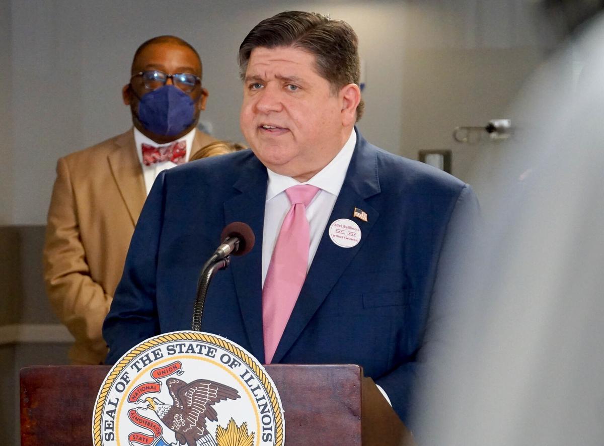Illinois Gov. J.B. Pritzker speaks about abortion rights and access on May 11 at the Planned Parenthood Fairview Heights Health Center.