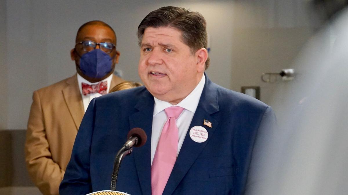Illinois Gov. J.B. Pritzker speaks about abortion rights and access on May 11 at the Planned Parenthood Fairview Heights Health Center.