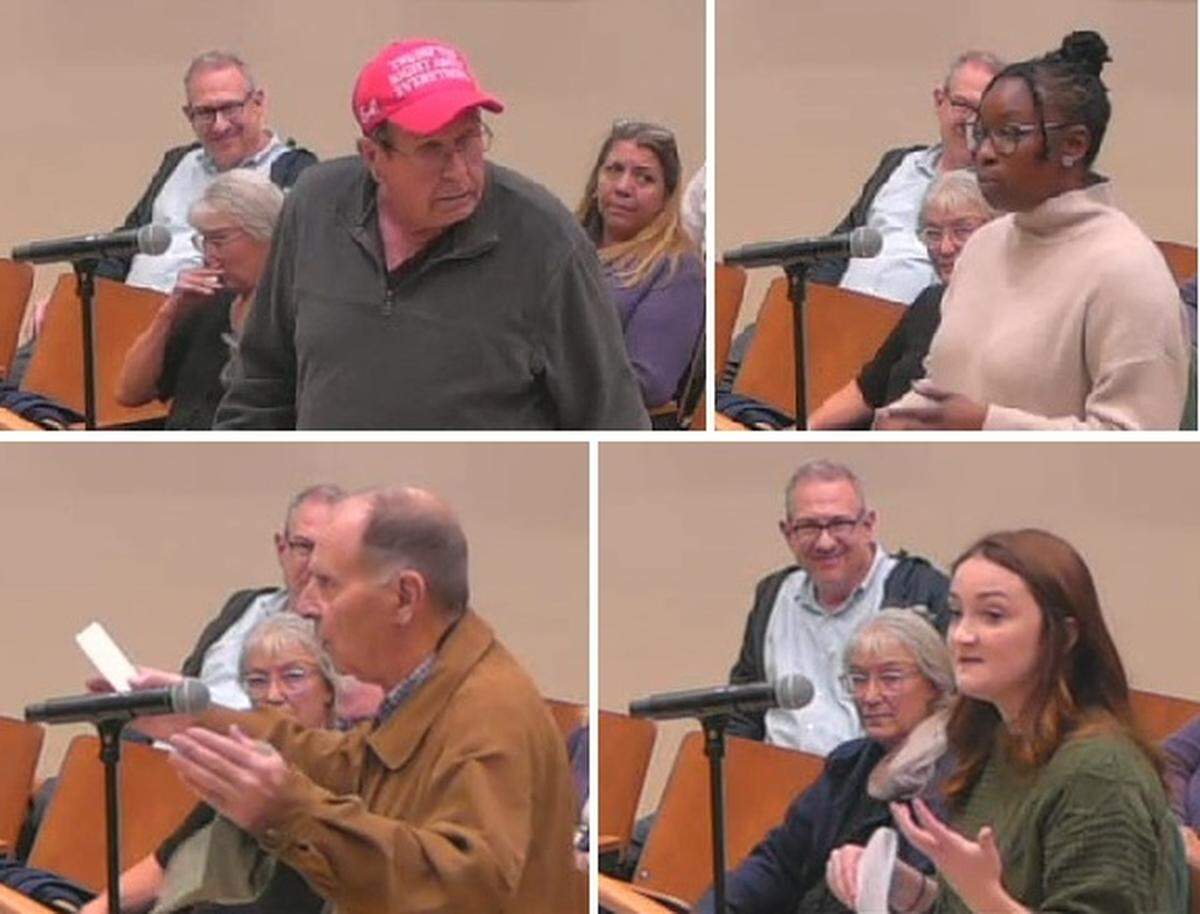 People weighing in on a zoning variance request at a Belleville City Council meeting on Nov. 3 include, clockwise from upper right, building co-owner Kelli Roberts, supporter Victoria Martin, opponent Bill Enyart and Rick Brown, who has long argued that the relevant ordinance is illegal.