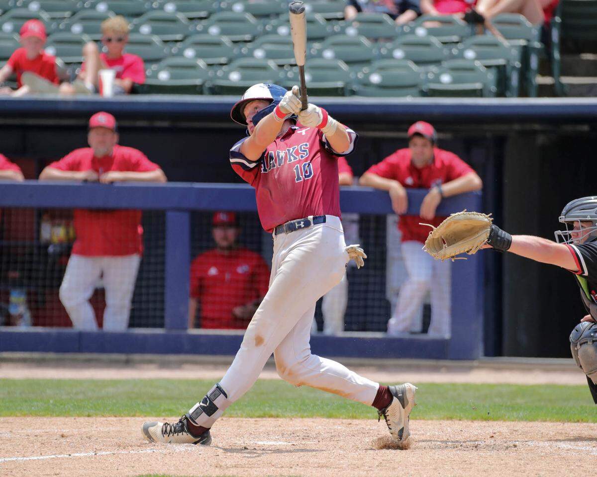 Gibault’s Hudson Blank homers during Saturday’s IHSA Class 1A state championship game against Henry H-Senachwine at Dozer Park in Peoria. Gibault went on to an 8-0 win to secure the state crown.