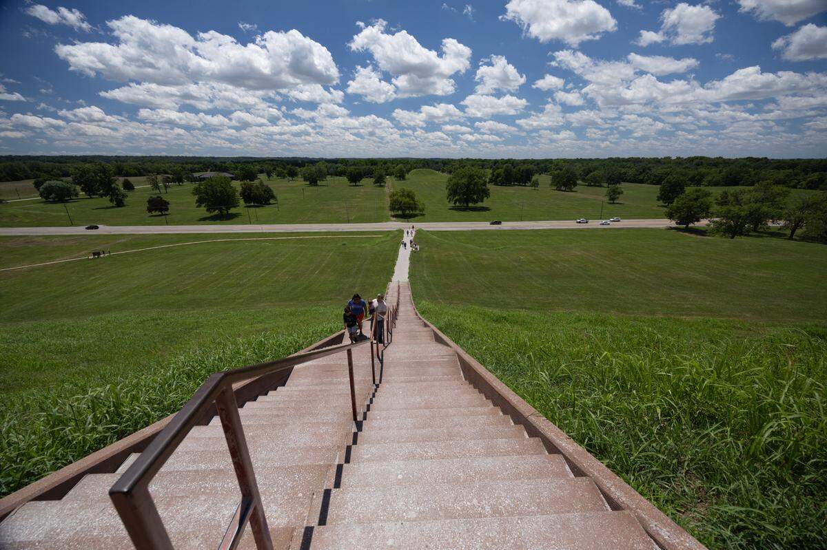 Looking down from Monk’s Mound, the tallest mound at Cahokia Mounds State Historic Site, in Collinsville, Ill., July 5, 2024.