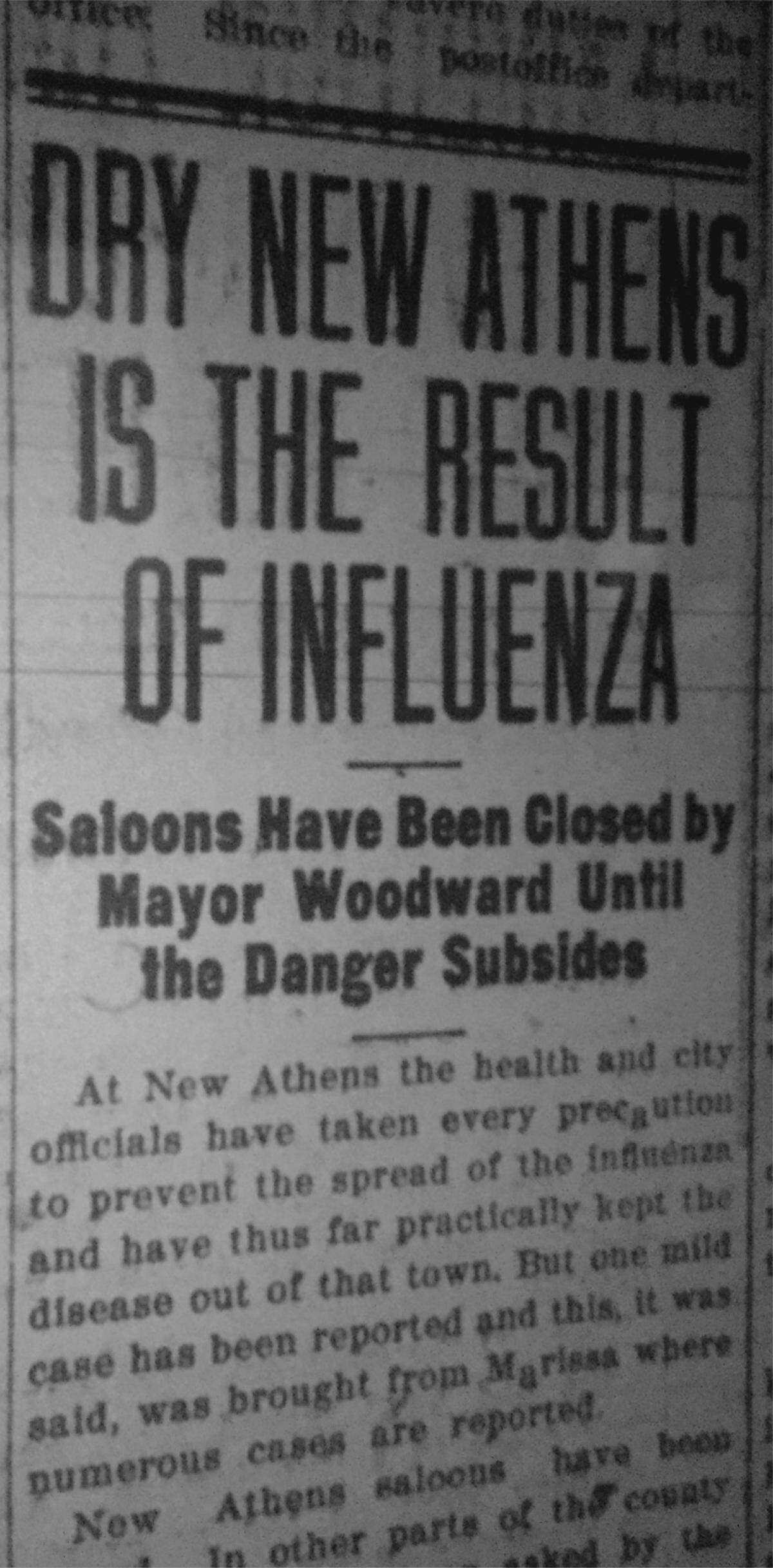 The BND reported the mayor of New Athens shut down all saloons during the Spanish flu epidemic of 1918.