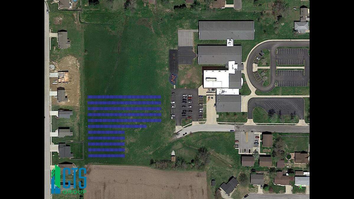 This computer-generated image shows how ground-mounted solar panels will be installed in a field adjacent to St. Jacob Elementary School in St. Jacob.