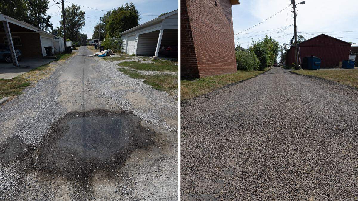An alley in Belleville that hasn’t yet been resurfaced with oil and rock chips is shown at left, next to one that was resurfaced this month as part of a $470,909 city project.