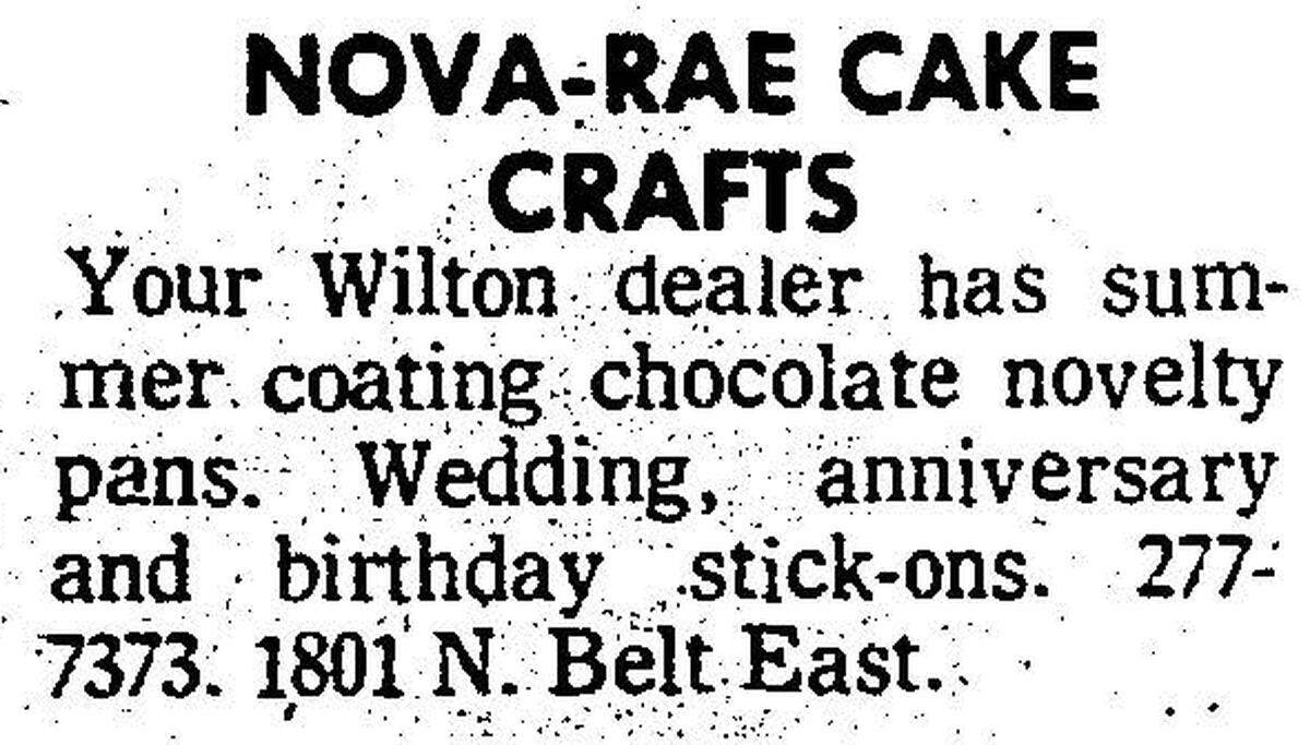 Local Flash listing for Nova-Rae Cake Crafts from the February 10, 1975, issue of the Belleville News-Democrat. Nova-Rae’s was purchased by Margaret Schilling, who named her business Toots’ Cake Decorating & Candy Supplies.
