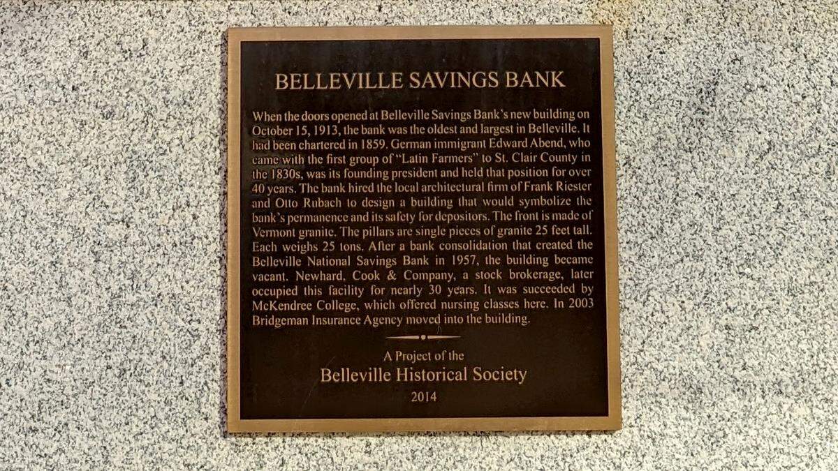 Belleville Historical Society plaque on the facade of the former Belleville Savings Bank at 20 E. Main St. in downtown Belleville