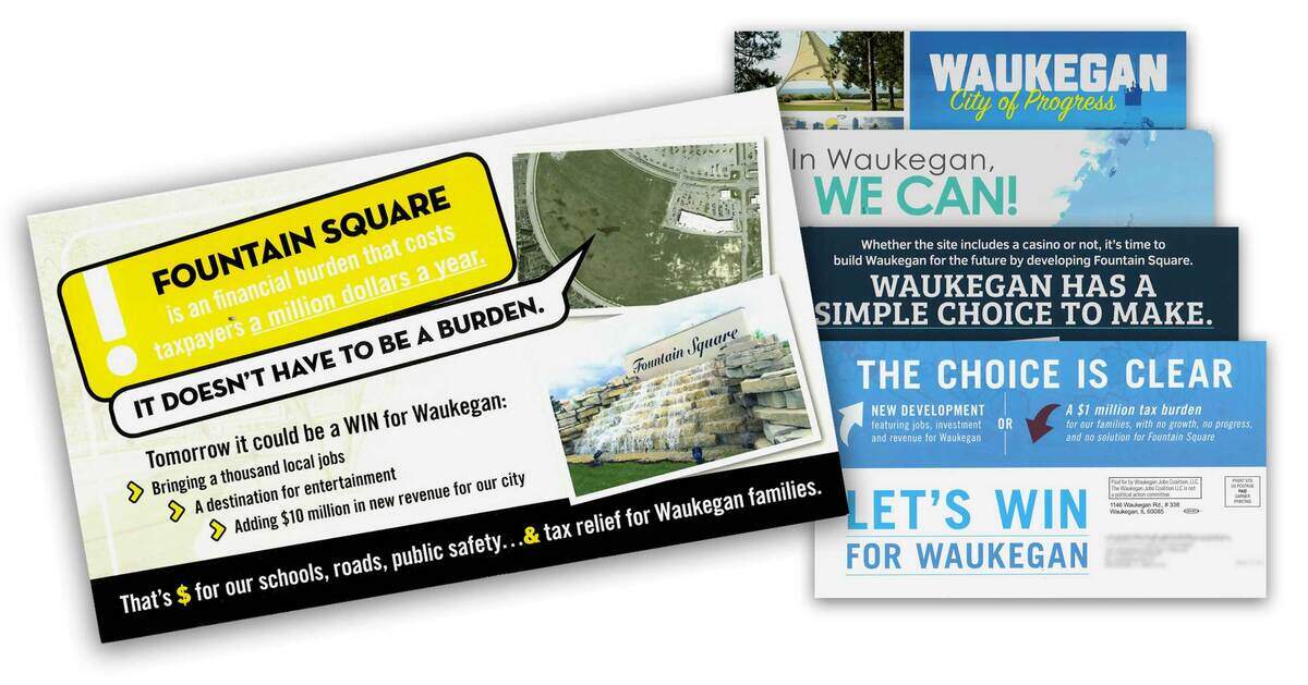 These mailers paid for by the Waukegan Jobs Coalition frame Fountain Square as “a tax-draining eyesore” and advocate for developing the land.