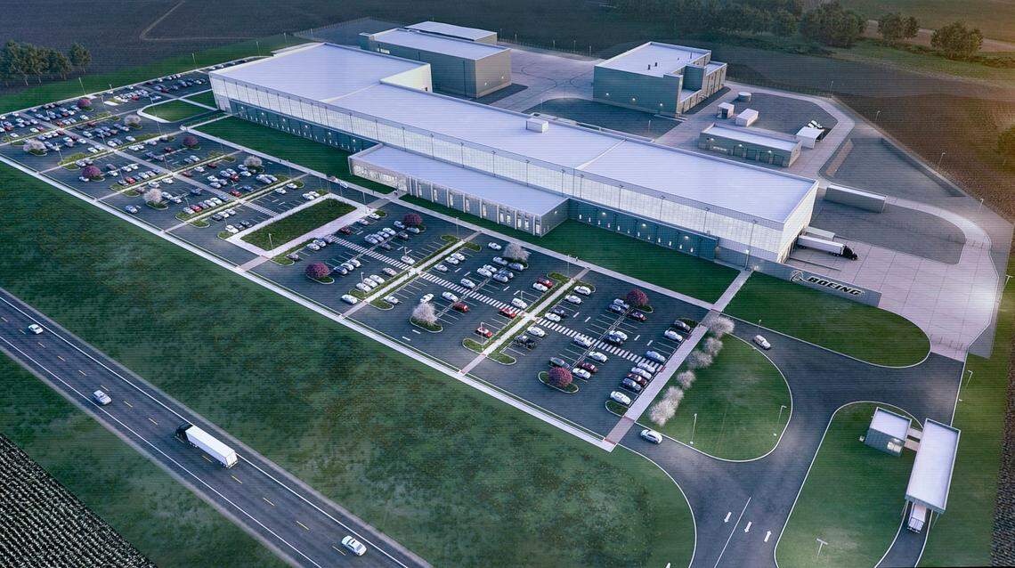 This is an artist rendering of a 300,000-square-foot production facility that The Boeing Co. is building at MidAmerica St. Louis Airport in Mascoutah to make the U.S. Navy’s first aircraft-refueling drones.