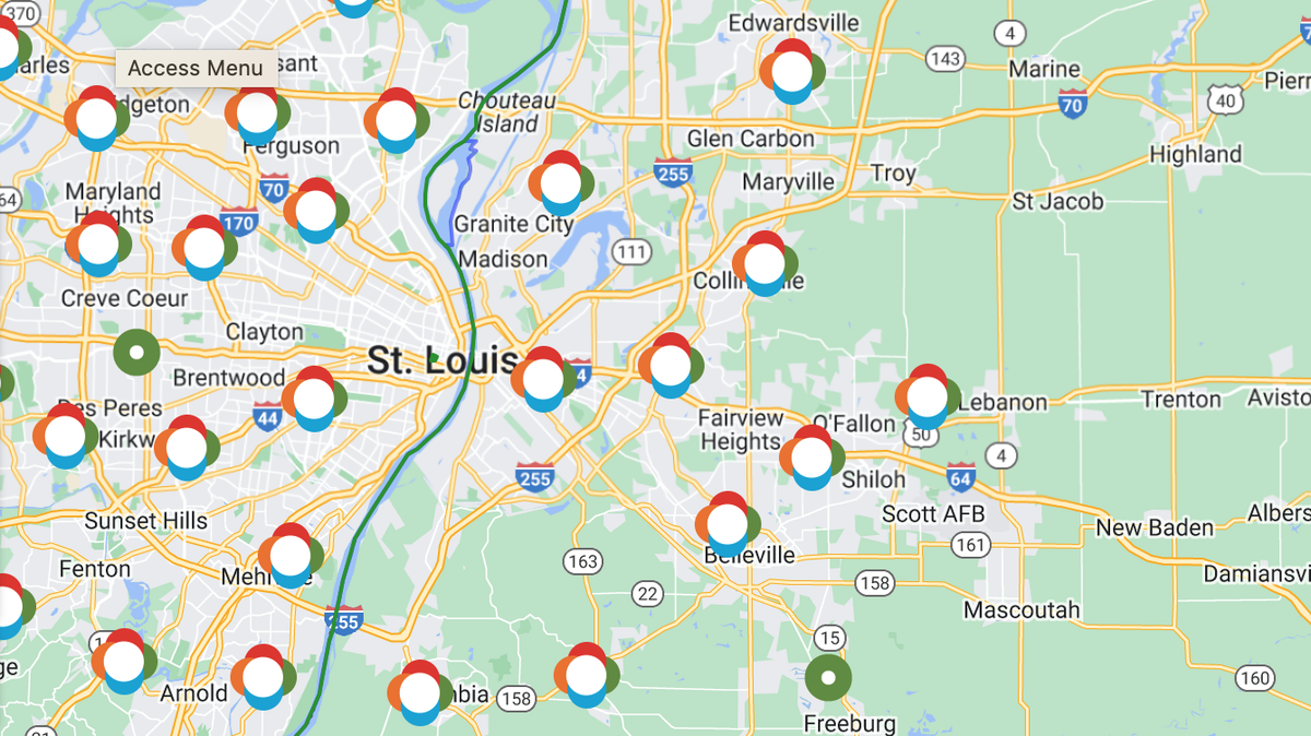 This screenshot of Ameren Illinois’ outage map late Saturday afternoon shows the areas where residents lost power.