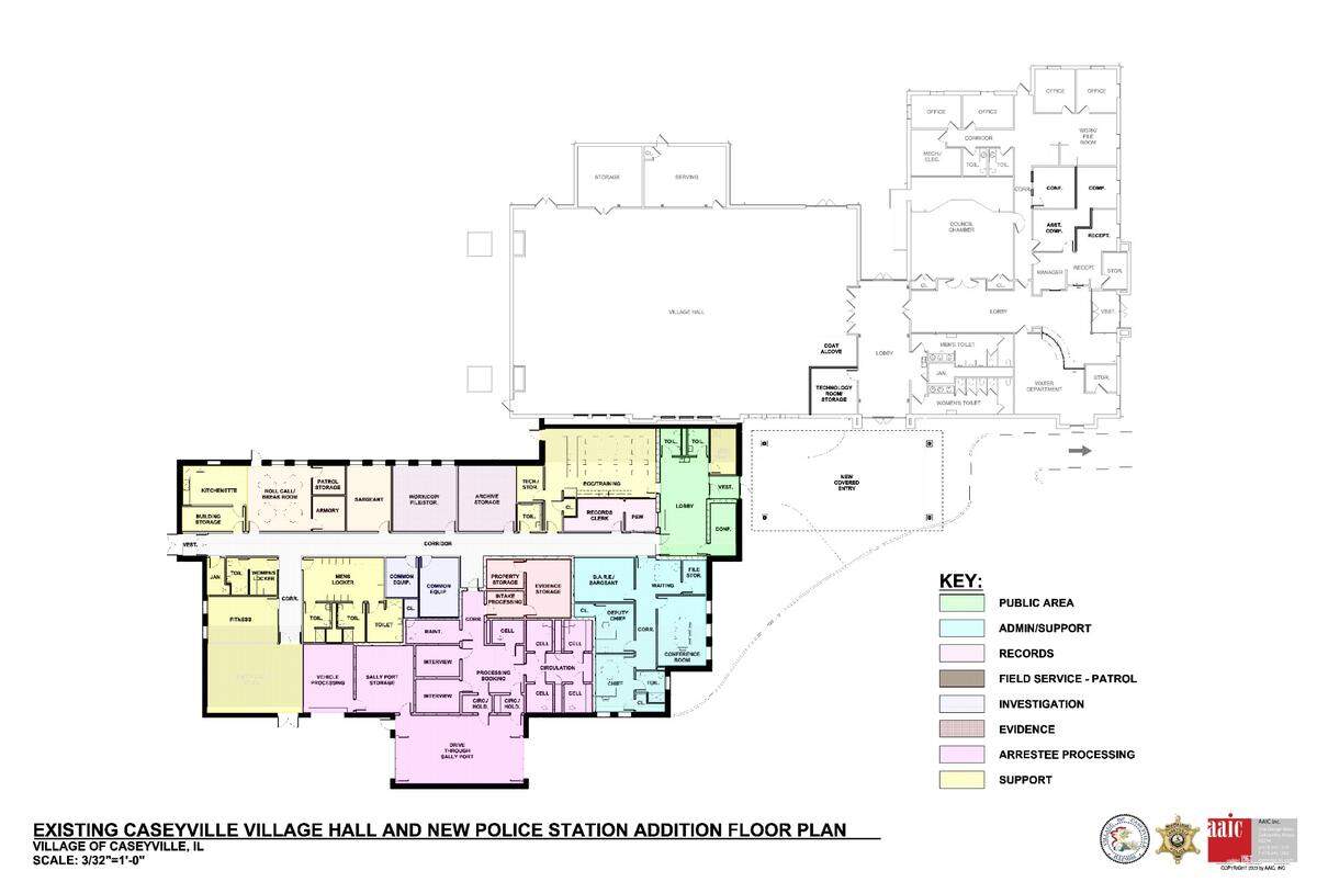 This is the floor plan for new Caseyville police station that is being built as part of the Village Hall complex. The floor plan for the Village Hall complex is also shown.