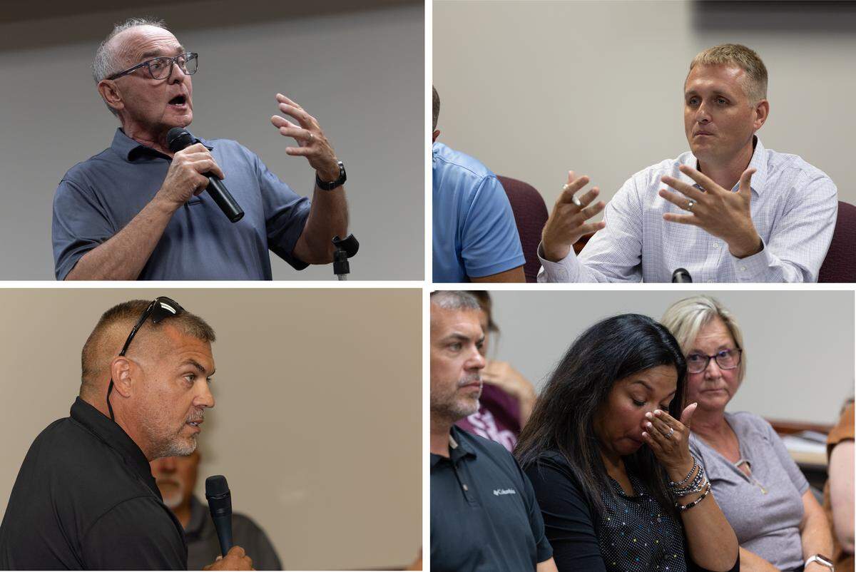 People at a Clinton County Board meeting on Monday night include, clockwise from top left, former State’s Attorney Dennis Middendorf, County Board Chairman Brad Knolhoff, Aviston resident Laura Thoman and her husband, Bucky Miller. A public-participation period was dominated by opposition to a Proud Boys billboard.