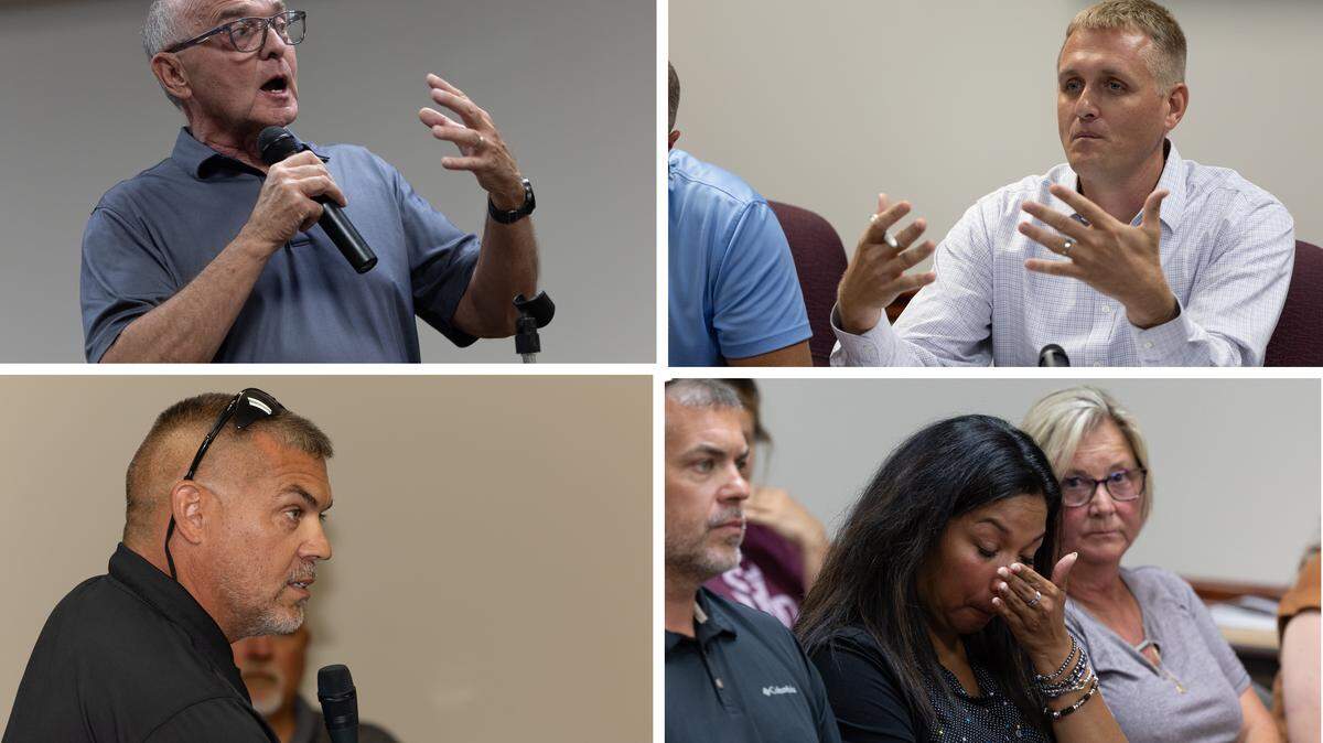 People at a Clinton County Board meeting on Monday night include, clockwise from top left, former State’s Attorney Dennis Middendorf, County Board Chairman Brad Knolhoff, Aviston resident Laura Thoman and her husband, Bucky Miller. A public-participation period was dominated by opposition to a Proud Boys billboard.