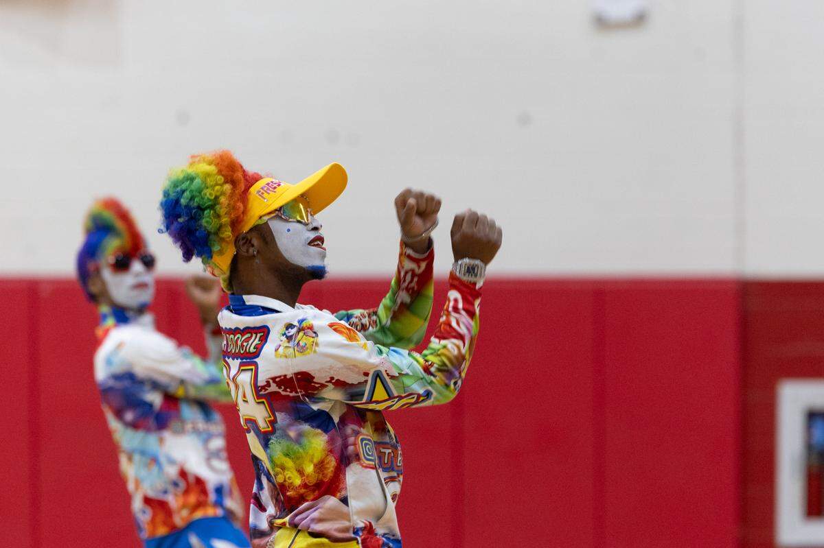 Fresh the Clowns, a dance group and recent addition to the UniverSoul Circus, performs in front of Mason-Clark Middle School on Aug. 14, 2024.