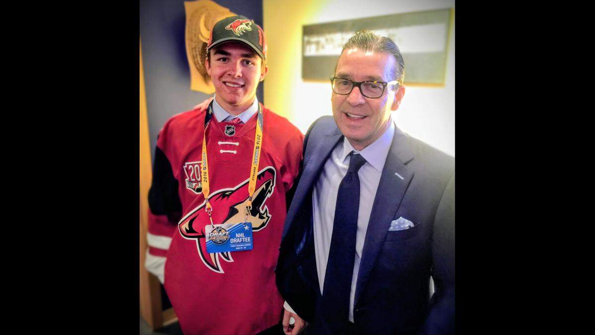 Brian Keller with his son, Clayton, on the day he was drafted No. 1 by the NHL’s Phoenix Coyotes. The elder Keller died Thanksgiving Day at age 64.