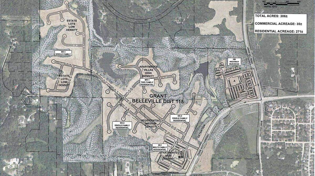 This is a map included in the meeting packet for Swansea Village Board members who approved a pre-annexation agreement Monday with Triple Lakes Farm LLC for about 306 acres at the intersection of Frank Scott Parkway and Union Hill Road/Sullivan Drive. The final layout of the site has not been released but developers want to build stores, restaurants, apartments, duplexes, villas and single-family homes.