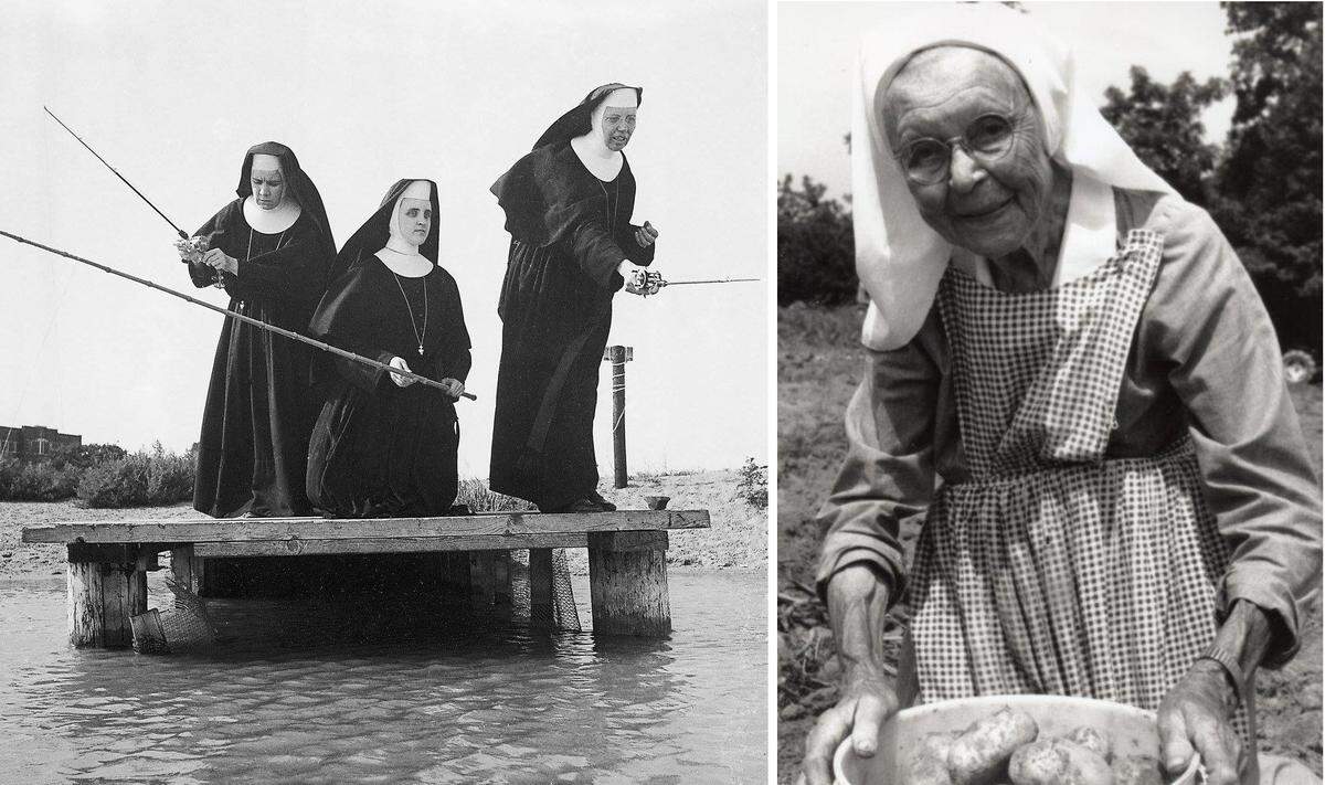 Nuns at the Adorers of the Blood of Christ convent in Ruma wore full habits until the 1960s, even while fishing, at left. Sister Edwiga Degenhardt harvests potatoes in the late 1970s or early ’80s. She also raised chickens and picked fruit in the orchard.