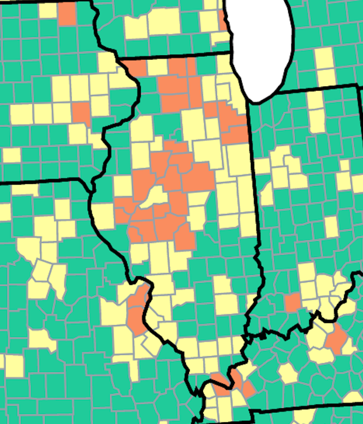 This map U.S. Centers for Disease Control and Prevention map of Illinois shows COVID-19 community levels as of June 17, 2022. Counties marked orange are at high COVID levels, those marked yellow are at medium and those marked green are considered low.