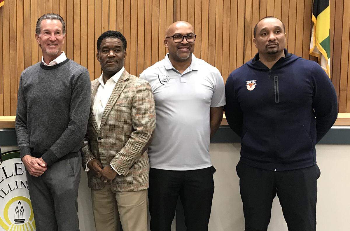 The Southwestern Illinois Jets Basketball Club was represented at a Belleville City Council meeting on Feb. 28 by, left to right, founder Steve Lanter and staff members Patrick Smith, Dana Morgan and Andre McMurray.