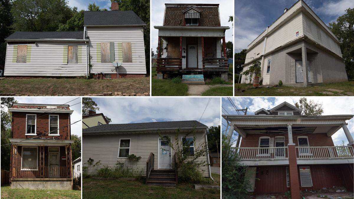 The city of Belleville planned to buy and demolish six derelict buildings, including, clockwise from top left, 611 E. McKinley St., 113 S. 18th St., 807 Scheel St., 112 E. D St., 514 Freeburg Ave. and 121 S. 17th St. Officials later decided to take the Freeburg Avenue home off the list.